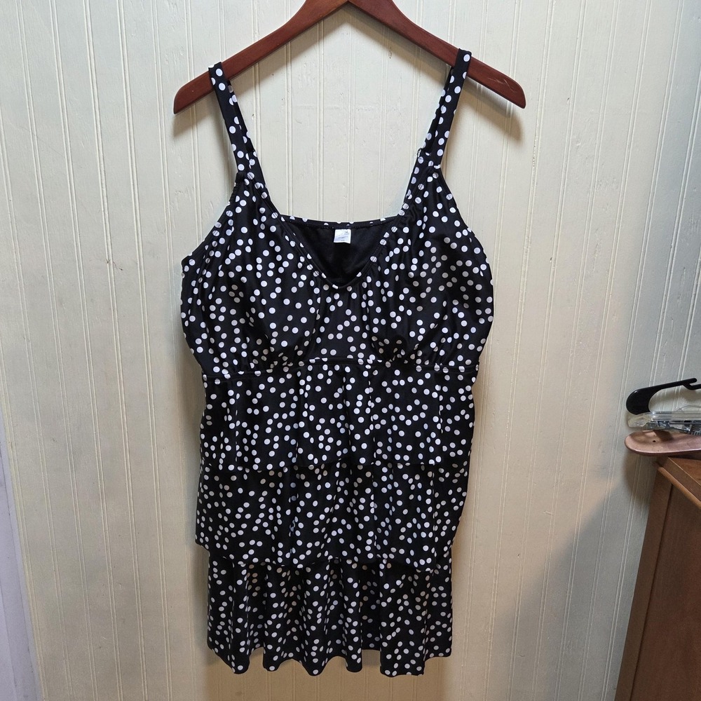 Jaclyn‎ Smith Swimdress Womens 22W Plus Black Polka Dot Ruffle Brief Lined